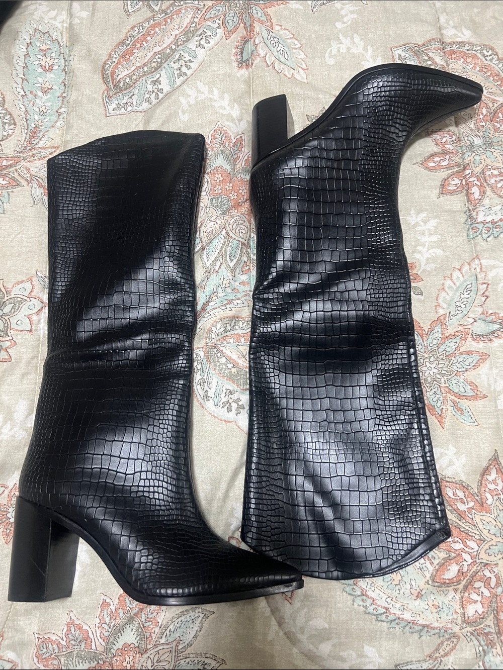 Black Croc-Embossed Knee Boots - Women's Fashion Boots